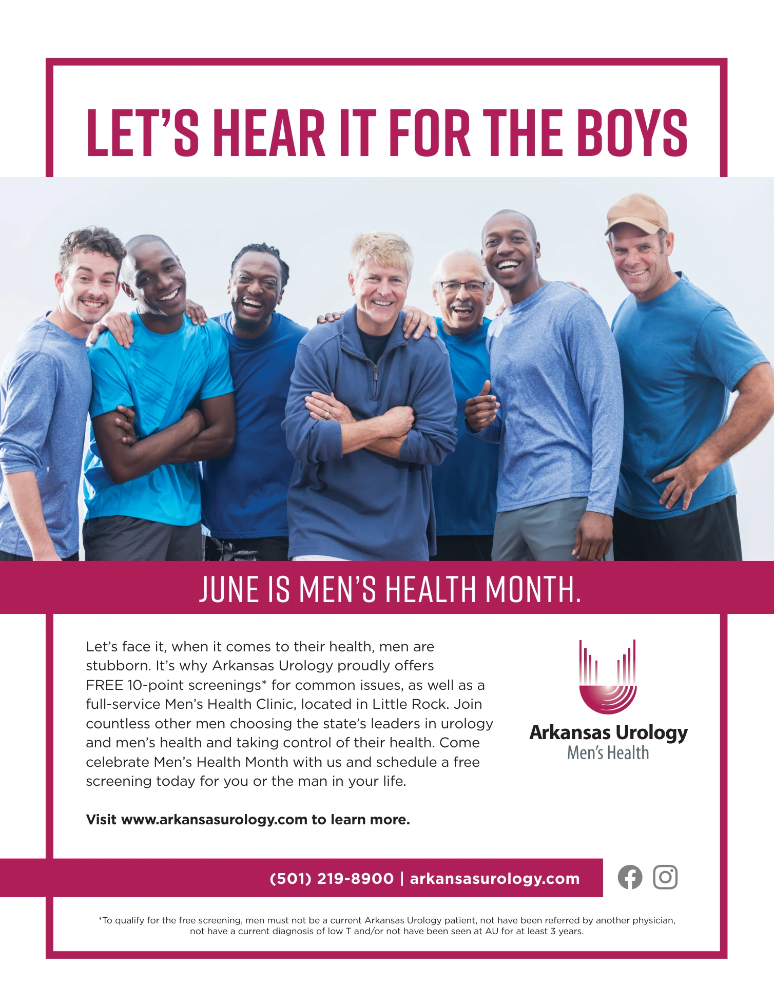 Arkansas Urology print ad featuring a group of men under the headline Let’s Hear It for the Boys