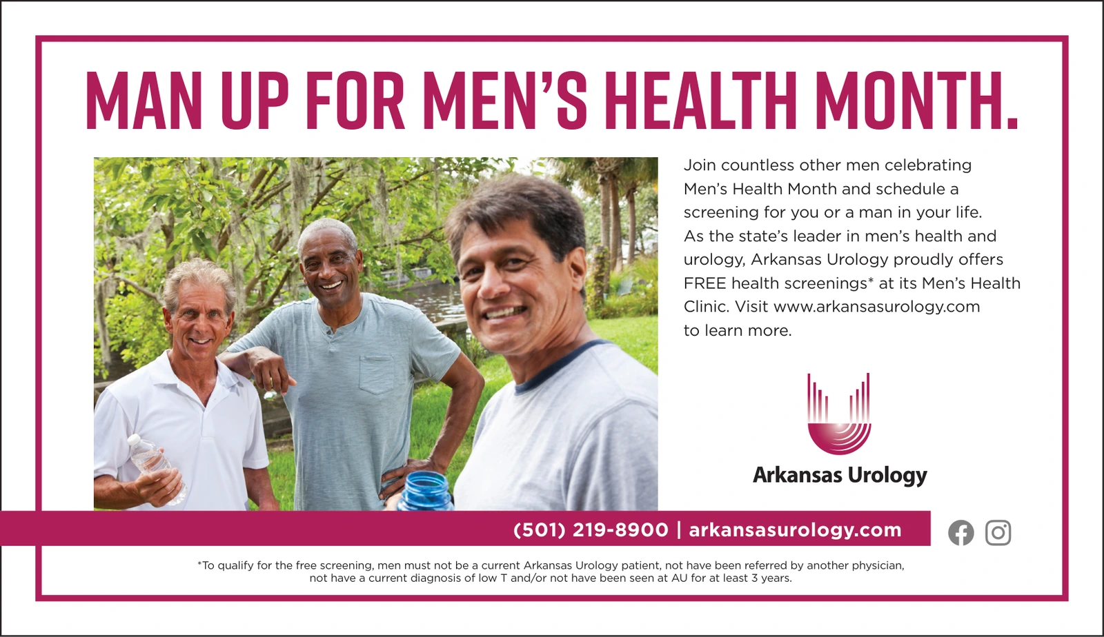 Arkansas Urology landscape advertisement featuring three men outdoors and the headline Man Up for Men’s Health Month