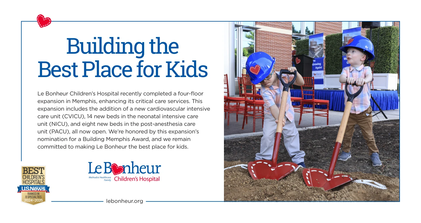 Le Bonheur hospital expansion print ad with two children holding ceremonial shovels