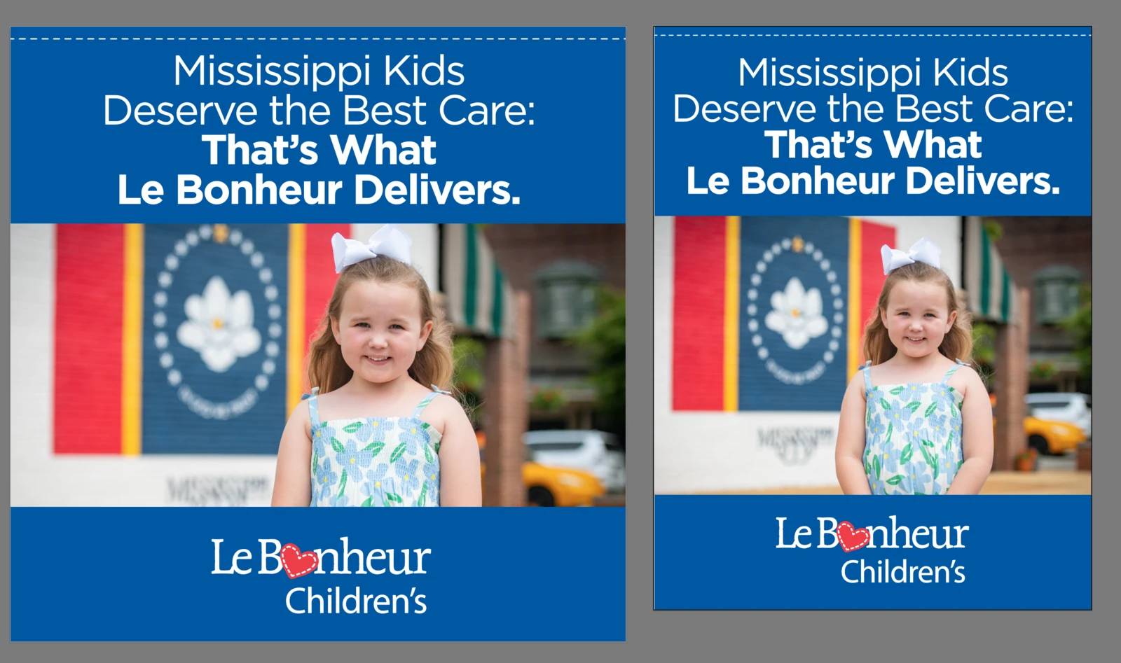 Le Bonheur advertising featuring a child and the headline Mississippi Kids Deserve the Best Care