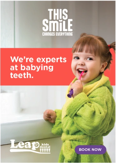 Leap Kids Dental advertisement featuring a smiling toddler