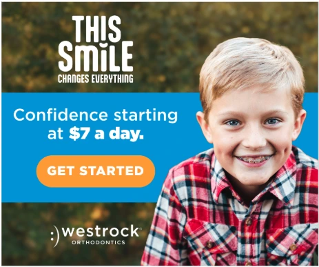 WestRock Orthodontics advertisement showing a boy with braces and an affordability message