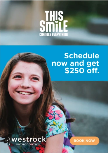WestRock Orthodontics advertisement showing a smiling girl with an orthodontic offer